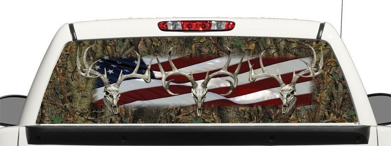 Truck SUV Deer Skull  Camo Flag Window Graphic Decal Perforated Vinyl Wrap
